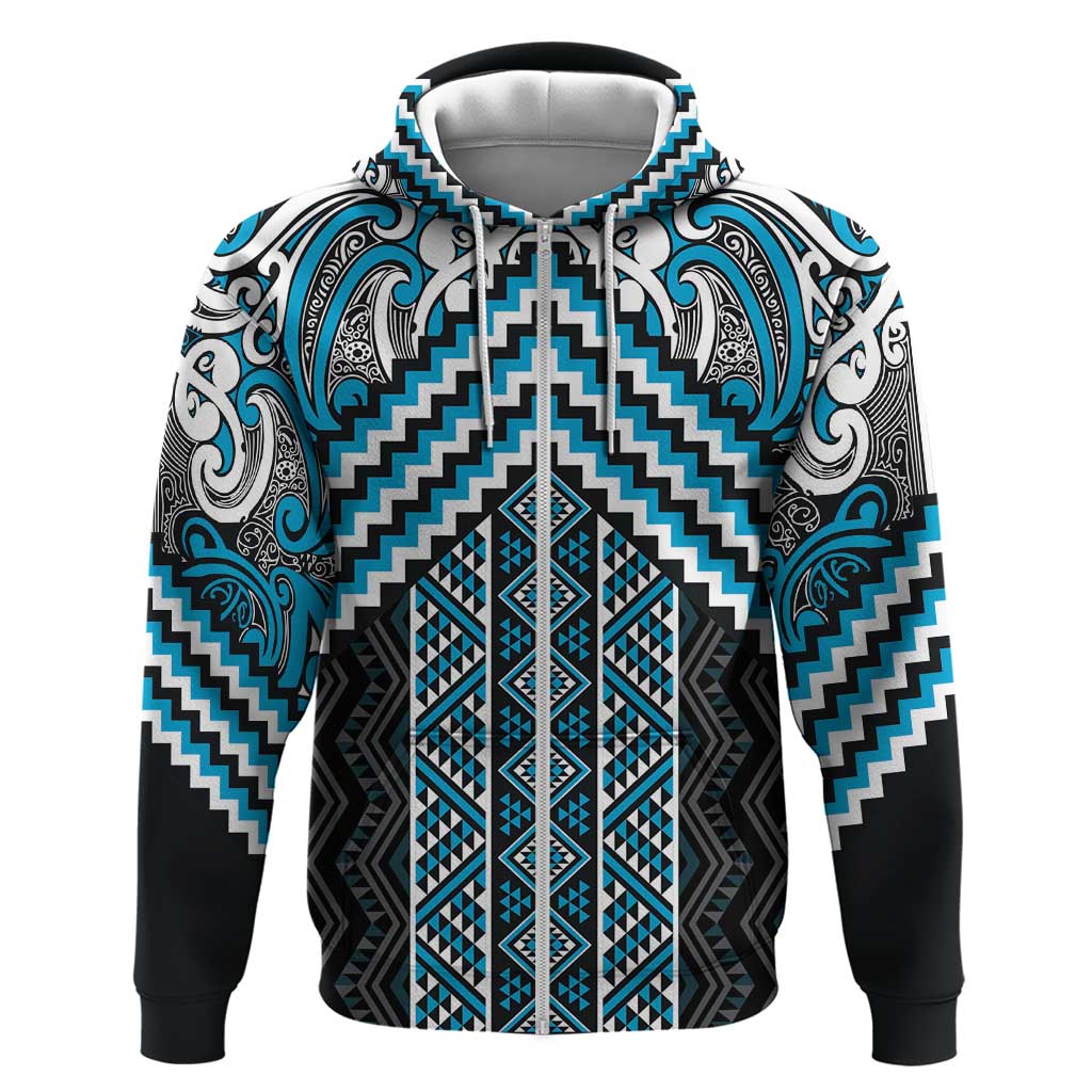 Maori Tukutuku Taniko Motifs Zip Hoodie Turquoise Poutama Mix Kowhaiwhai LT7 Zip Hoodie Turquoise - Polynesian Pride