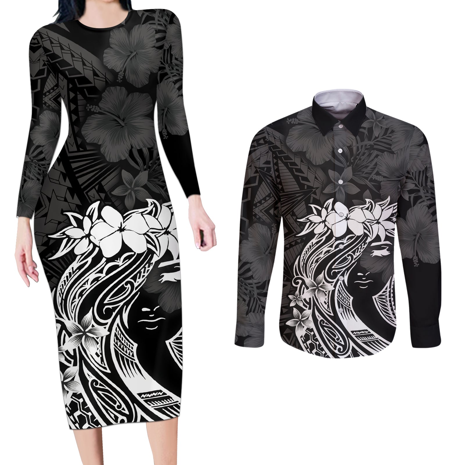 Polynesian Women's Day Couples Matching Long Sleeve Bodycon Dress and Long Sleeve Button Shirt Plumeria Passion - Black LT7 Black - Polynesian Pride