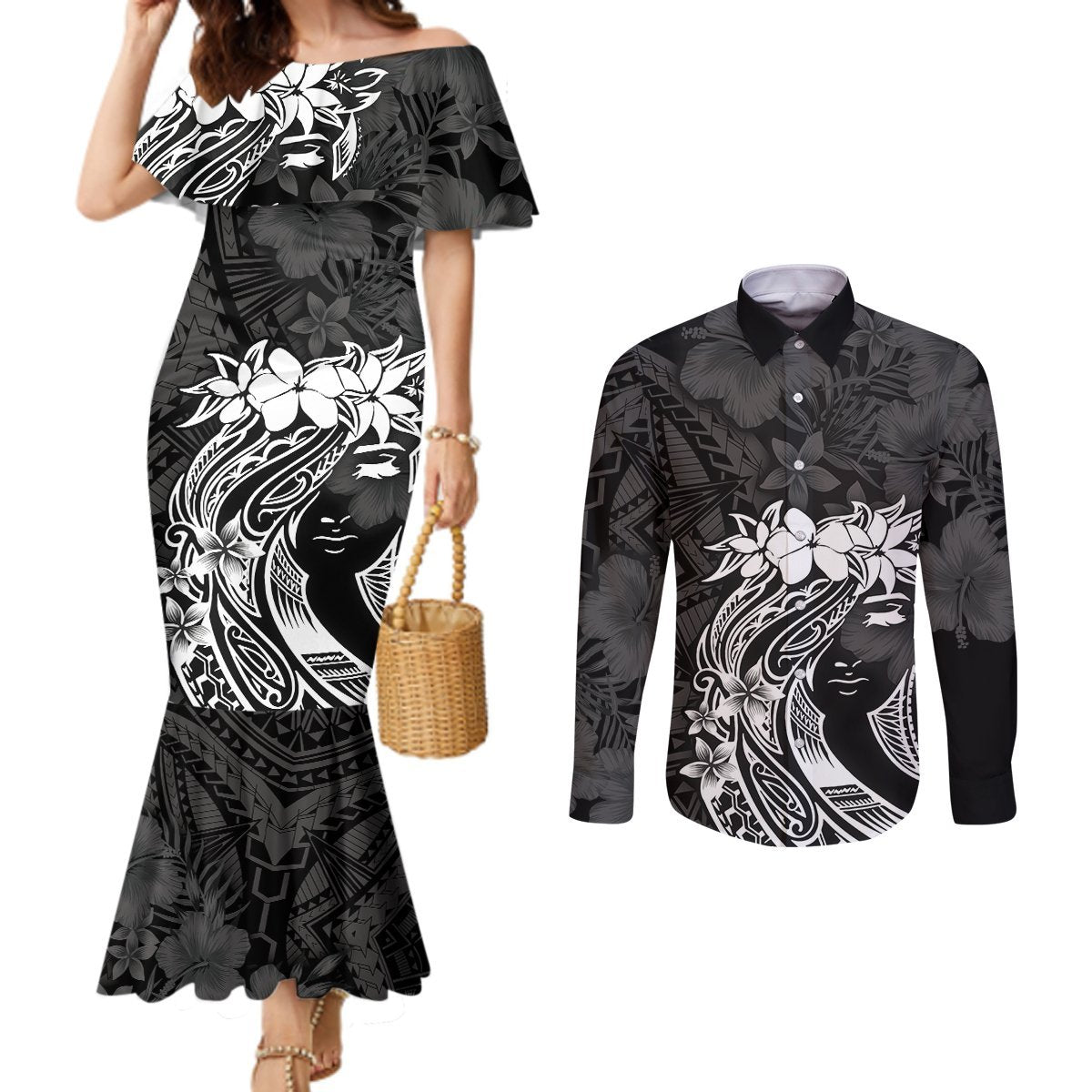 Polynesian Women's Day Couples Matching Mermaid Dress and Long Sleeve Button Shirt Plumeria Passion - Black LT7 Black - Polynesian Pride