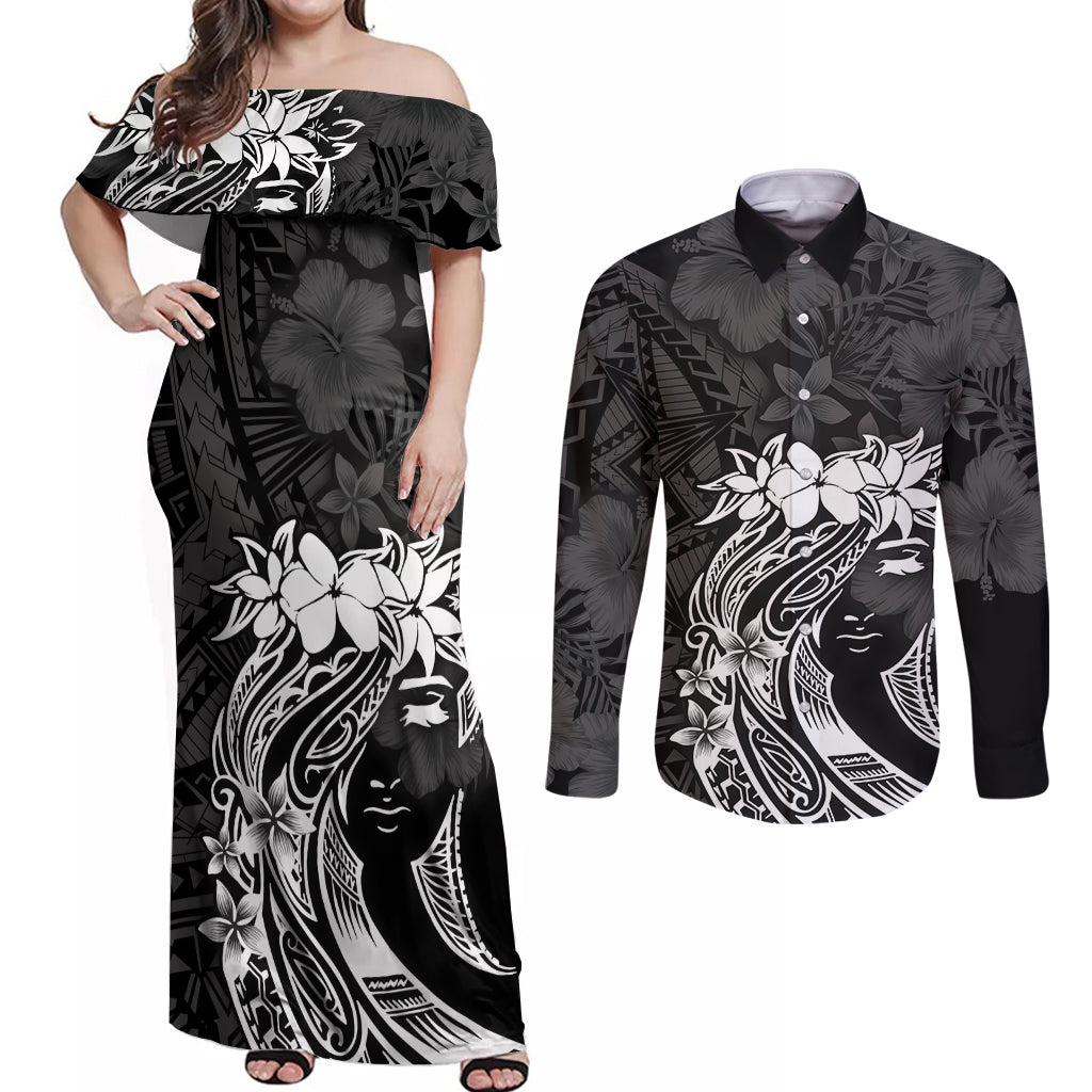 Polynesian Women's Day Couples Matching Off Shoulder Maxi Dress and Long Sleeve Button Shirt Plumeria Passion - Black LT7 Black - Polynesian Pride