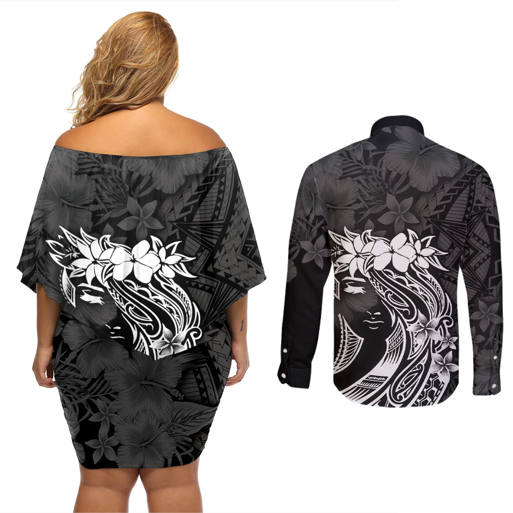 Polynesian Women's Day Couples Matching Off Shoulder Short Dress and Long Sleeve Button Shirt Plumeria Passion - Black LT7 - Polynesian Pride
