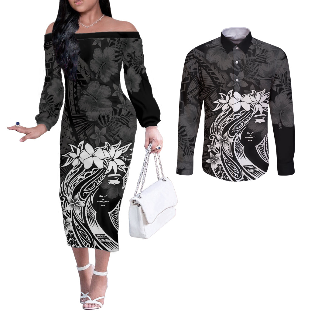 Polynesian Women's Day Couples Matching Off The Shoulder Long Sleeve Dress and Long Sleeve Button Shirt Plumeria Passion - Black LT7 Black - Polynesian Pride