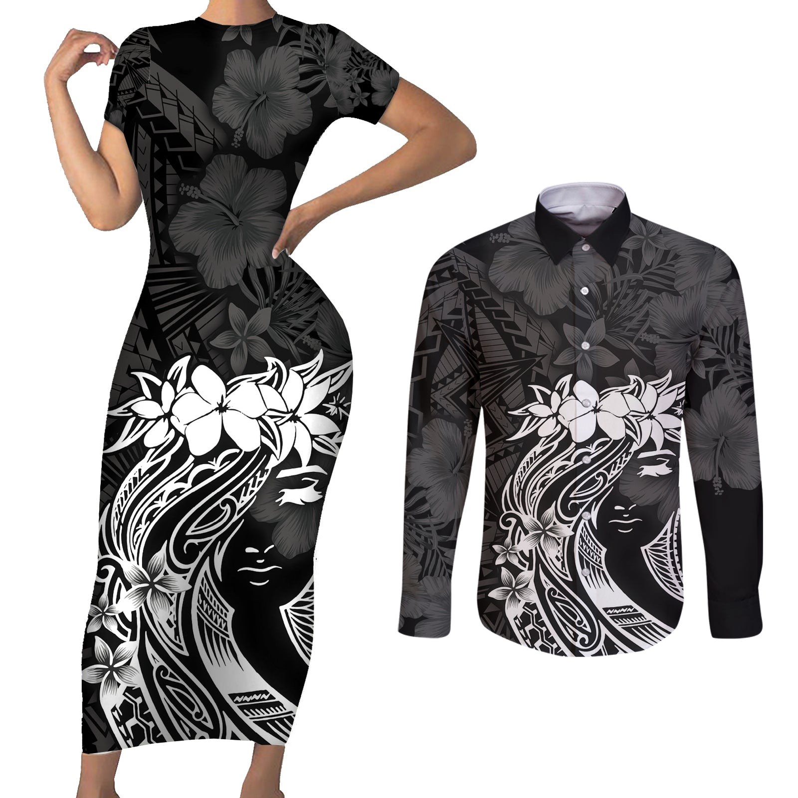 Polynesian Women's Day Couples Matching Short Sleeve Bodycon Dress and Long Sleeve Button Shirt Plumeria Passion - Black LT7 Black - Polynesian Pride