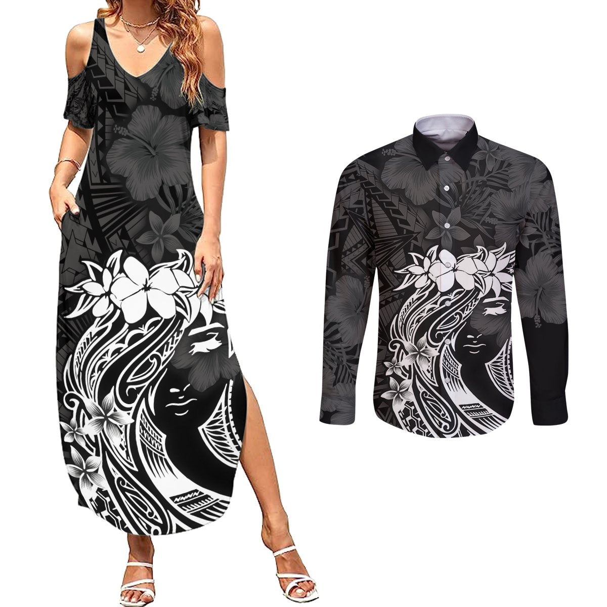 Polynesian Women's Day Couples Matching Summer Maxi Dress and Long Sleeve Button Shirt Plumeria Passion - Black LT7 Black - Polynesian Pride