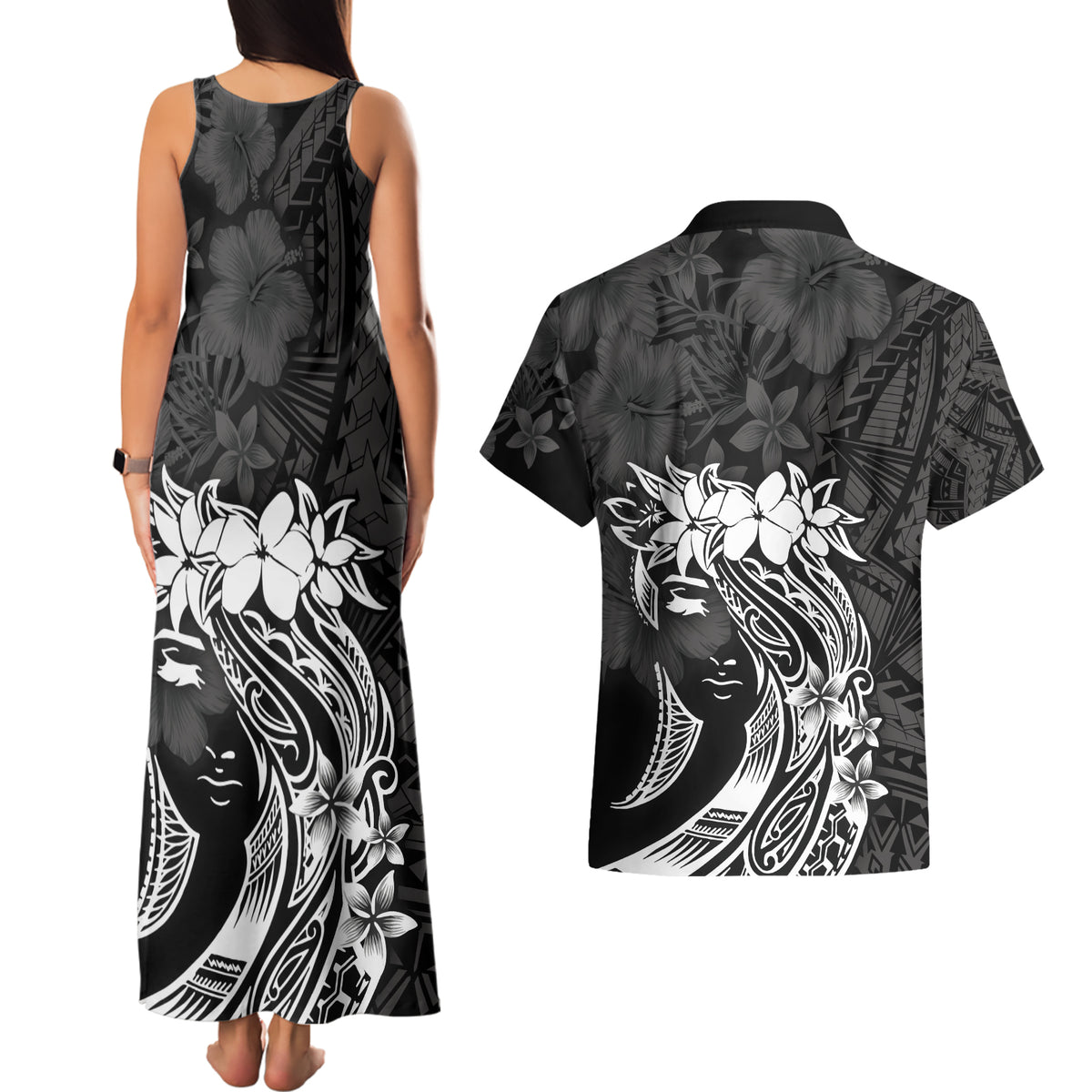 Polynesian Women's Day Couples Matching Tank Maxi Dress and Hawaiian Shirt Plumeria Passion - Black LT7 - Polynesian Pride