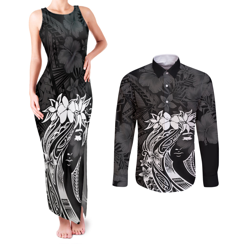 Polynesian Women's Day Couples Matching Tank Maxi Dress and Long Sleeve Button Shirt Plumeria Passion - Black LT7 Black - Polynesian Pride