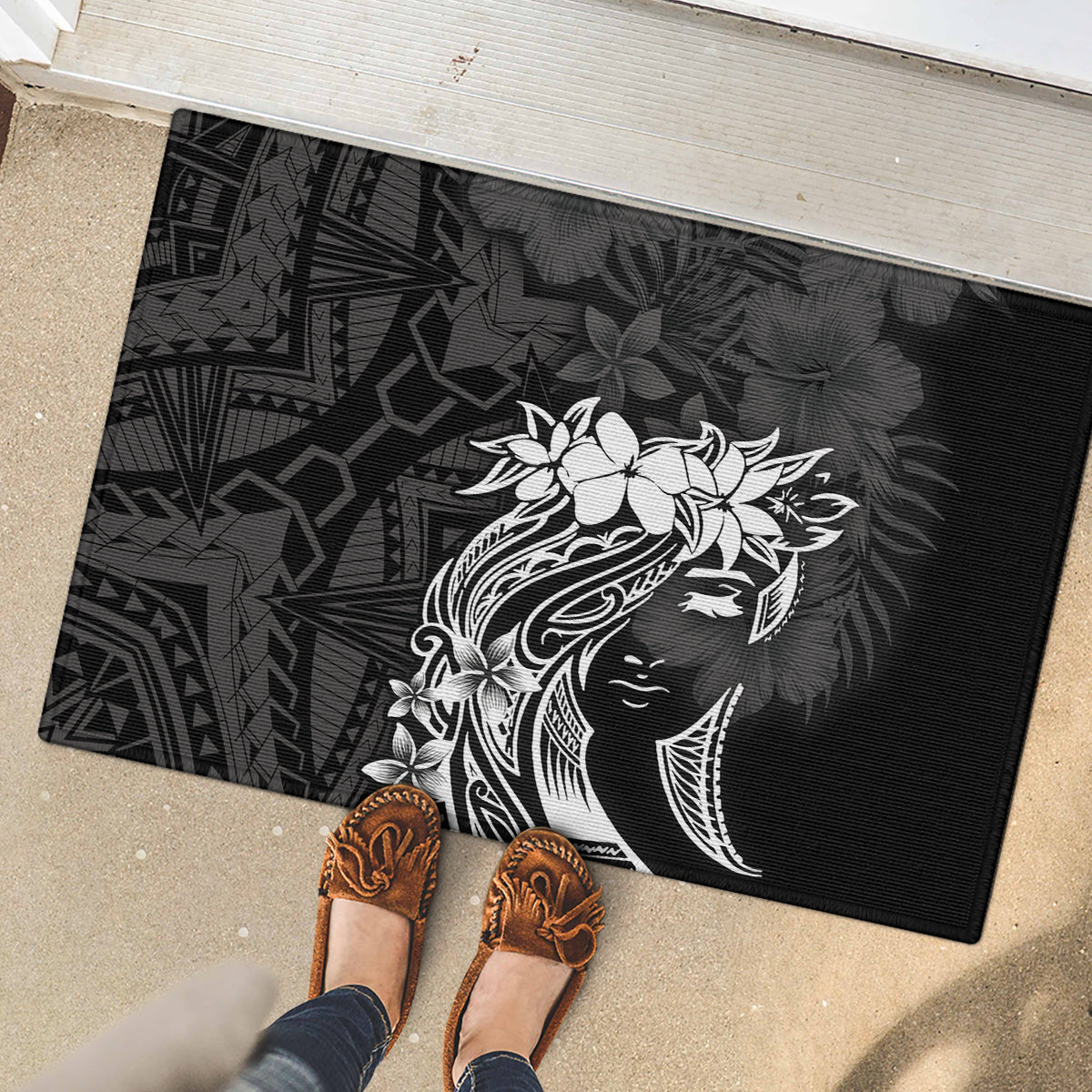 Polynesian Women's Day Rubber Doormat Plumeria Passion - Black LT7 - Polynesian Pride