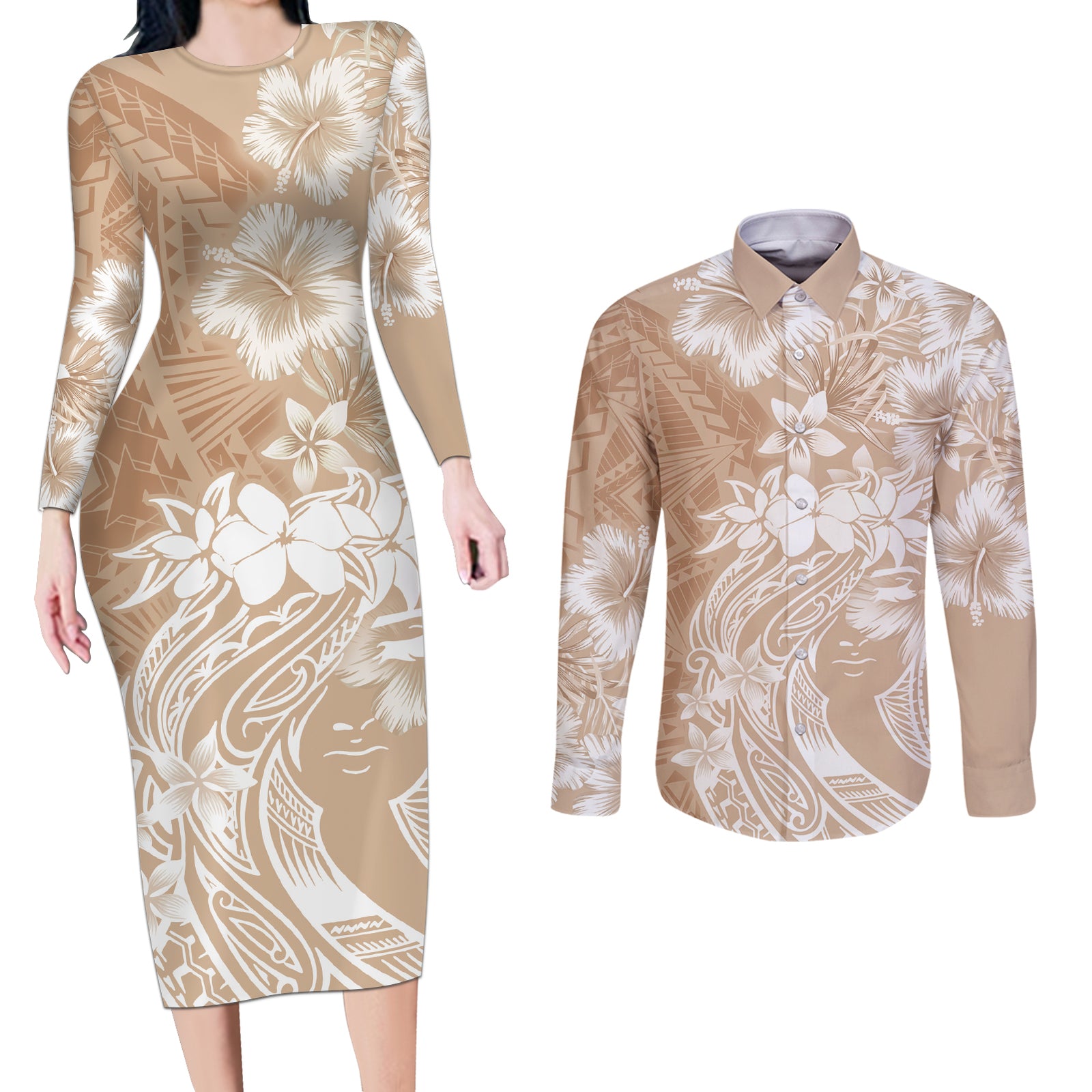Polynesian Women's Day Couples Matching Long Sleeve Bodycon Dress and Long Sleeve Button Shirt Plumeria Passion - Beige LT7 Beige - Polynesian Pride