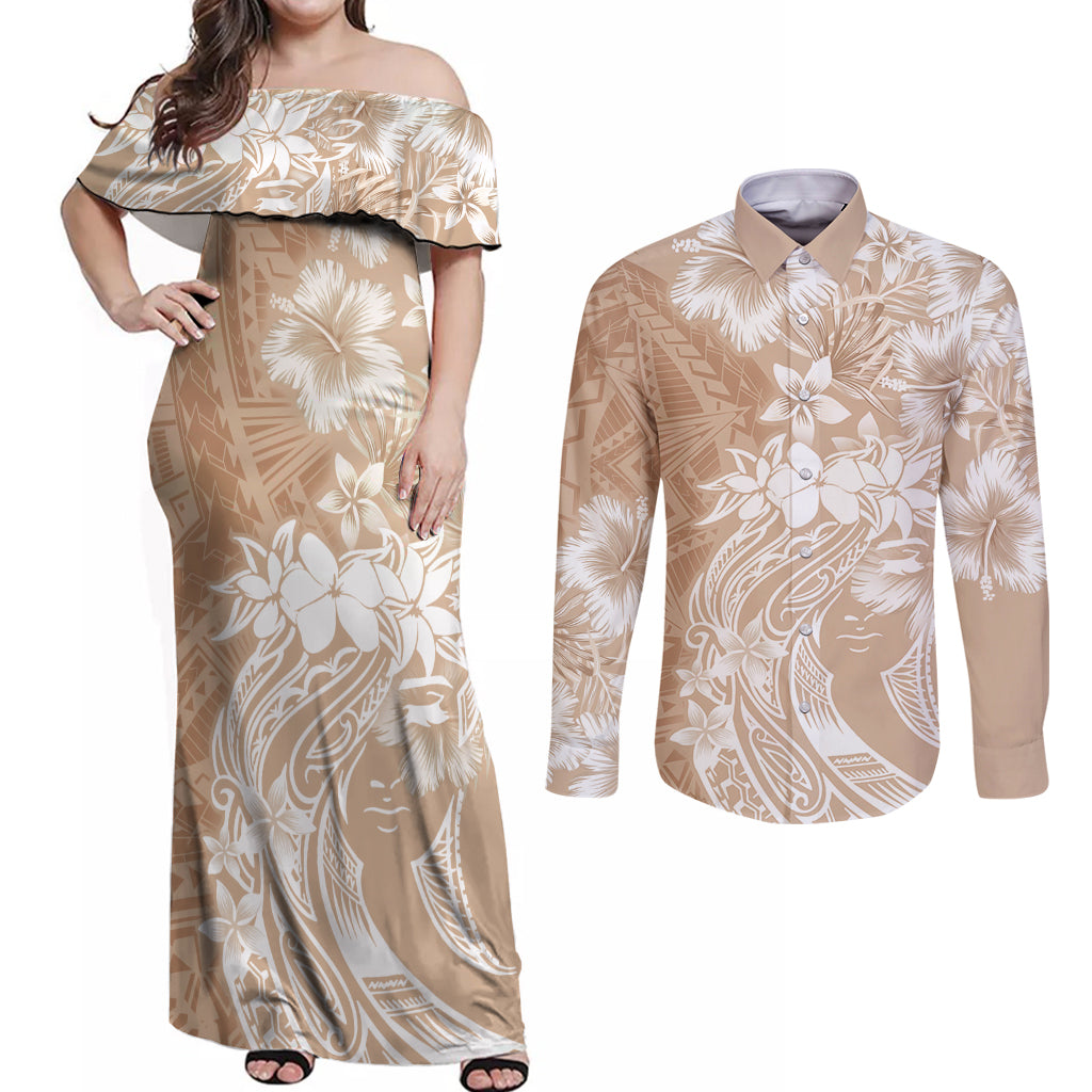 Polynesian Women's Day Couples Matching Off Shoulder Maxi Dress and Long Sleeve Button Shirt Plumeria Passion - Beige LT7 Beige - Polynesian Pride
