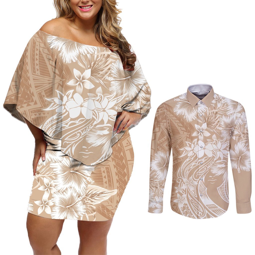 Polynesian Women's Day Couples Matching Off Shoulder Short Dress and Long Sleeve Button Shirt Plumeria Passion - Beige LT7 Beige - Polynesian Pride
