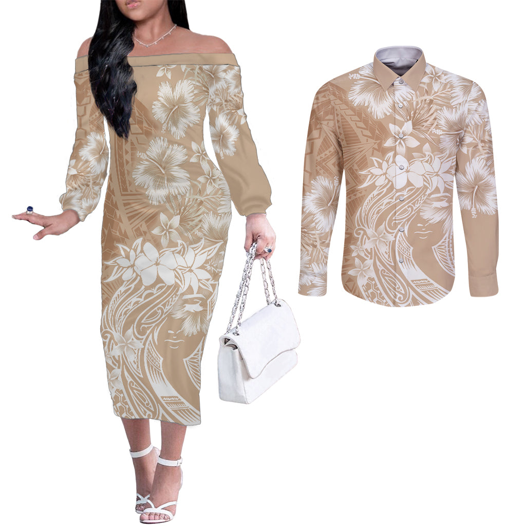 Polynesian Women's Day Couples Matching Off The Shoulder Long Sleeve Dress and Long Sleeve Button Shirt Plumeria Passion - Beige LT7 Beige - Polynesian Pride