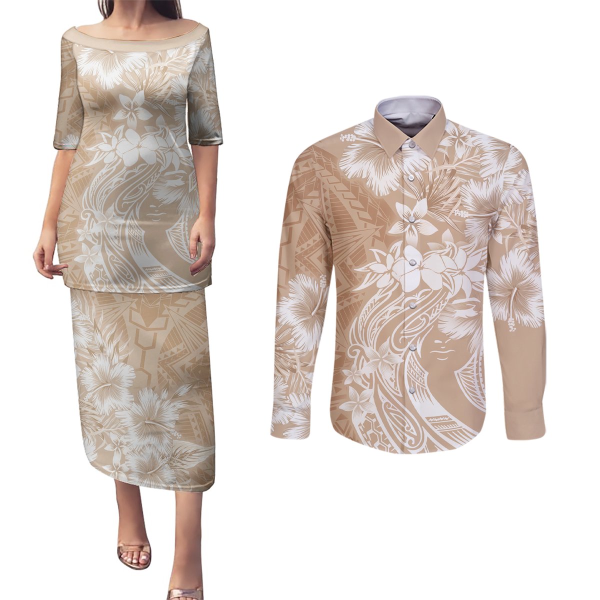 Polynesian Women's Day Couples Matching Puletasi and Long Sleeve Button Shirt Plumeria Passion - Beige LT7 Beige - Polynesian Pride