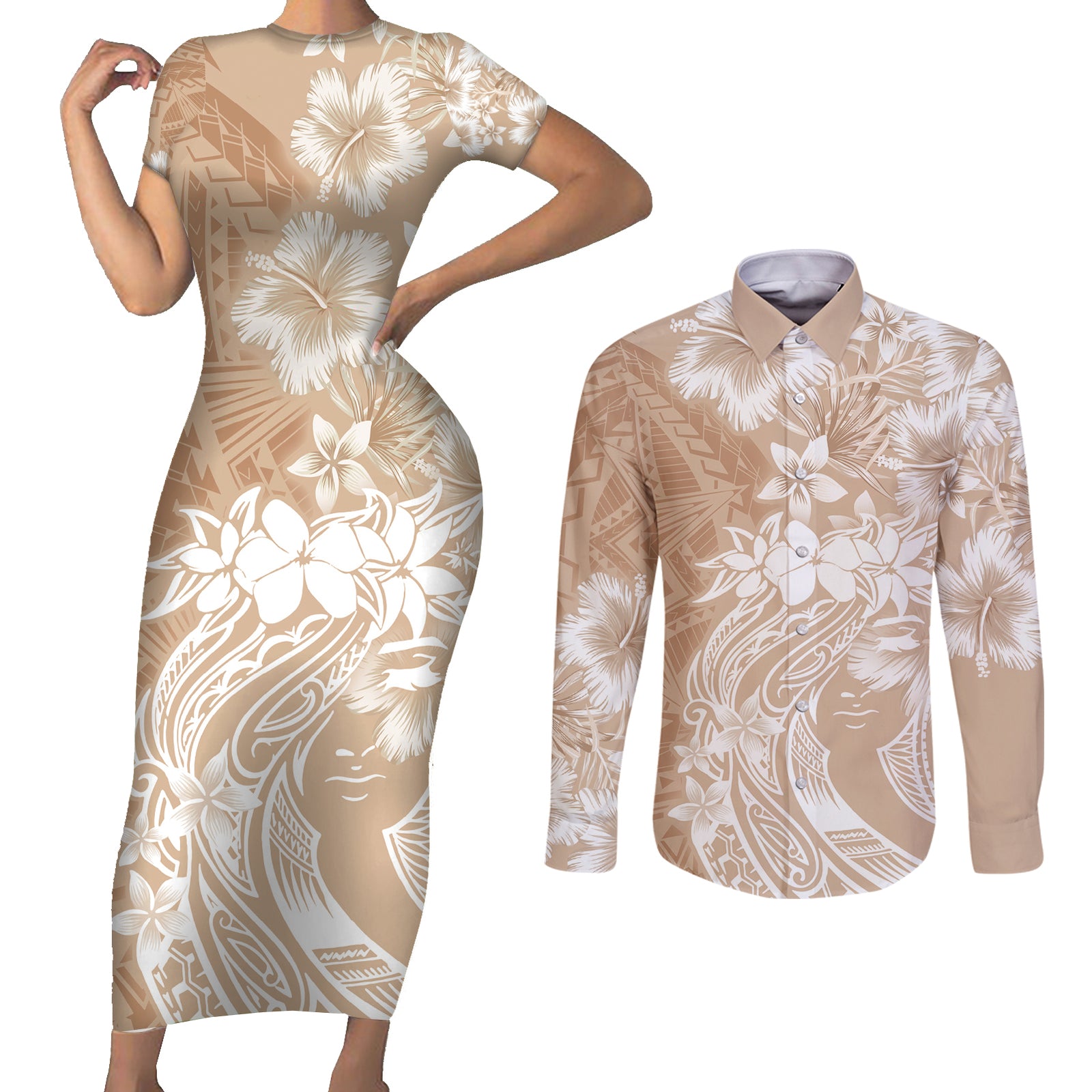 Polynesian Women's Day Couples Matching Short Sleeve Bodycon Dress and Long Sleeve Button Shirt Plumeria Passion - Beige LT7 Beige - Polynesian Pride