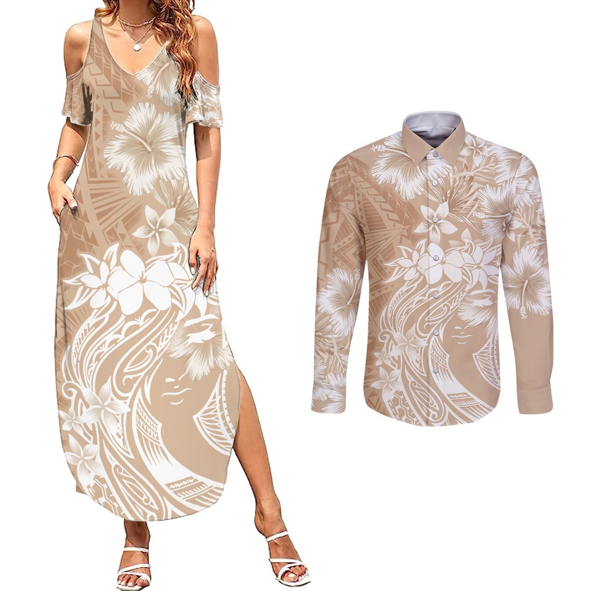 Polynesian Women's Day Couples Matching Summer Maxi Dress and Long Sleeve Button Shirt Plumeria Passion - Beige LT7 Beige - Polynesian Pride