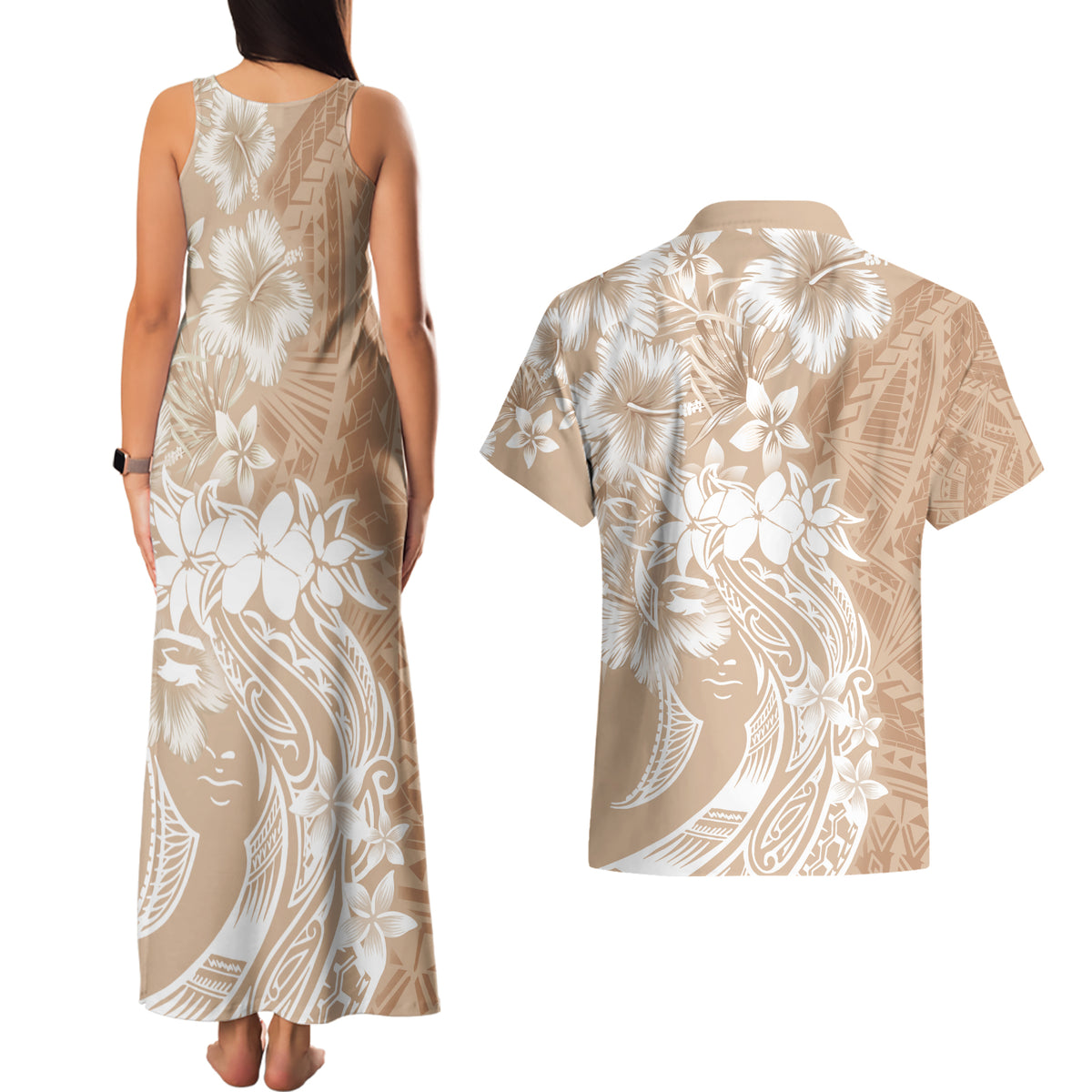 Polynesian Women's Day Couples Matching Tank Maxi Dress and Hawaiian Shirt Plumeria Passion - Beige LT7 - Polynesian Pride