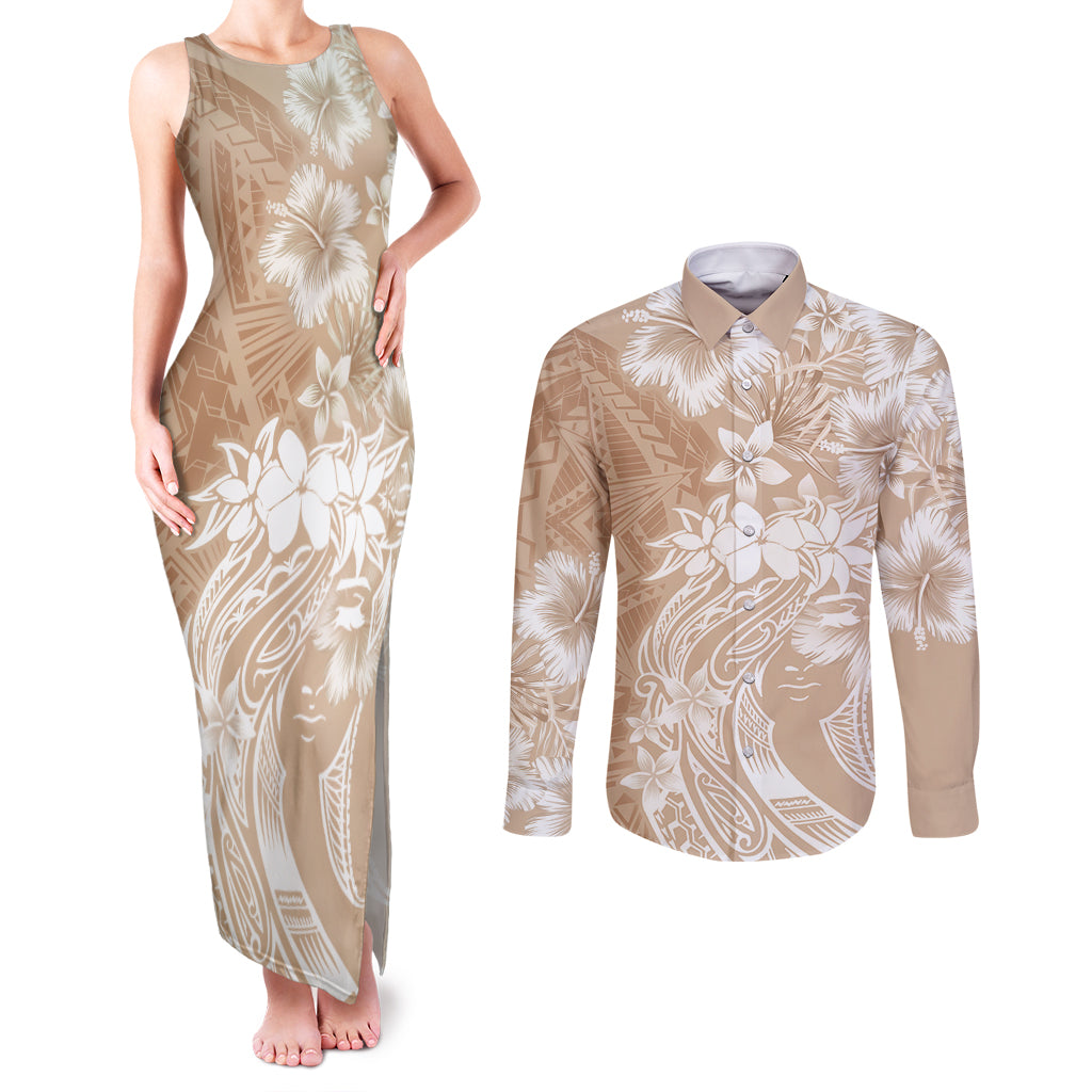 Polynesian Women's Day Couples Matching Tank Maxi Dress and Long Sleeve Button Shirt Plumeria Passion - Beige LT7 Beige - Polynesian Pride