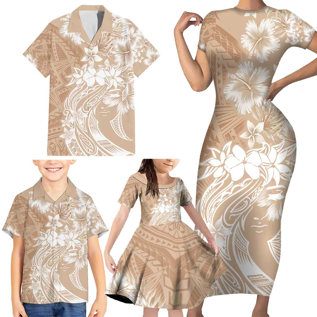 Polynesian Women's Day Family Matching Short Sleeve Bodycon Dress and Hawaiian Shirt Plumeria Passion - Beige LT7 - Polynesian Pride