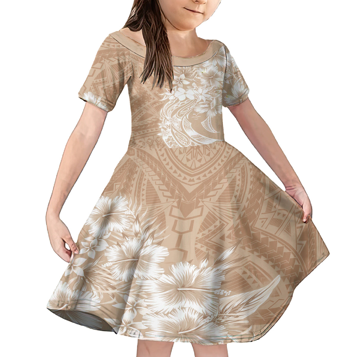 Polynesian Women's Day Family Matching Summer Maxi Dress and Hawaiian Shirt Plumeria Passion - Beige LT7 Daughter's Dress Beige - Polynesian Pride