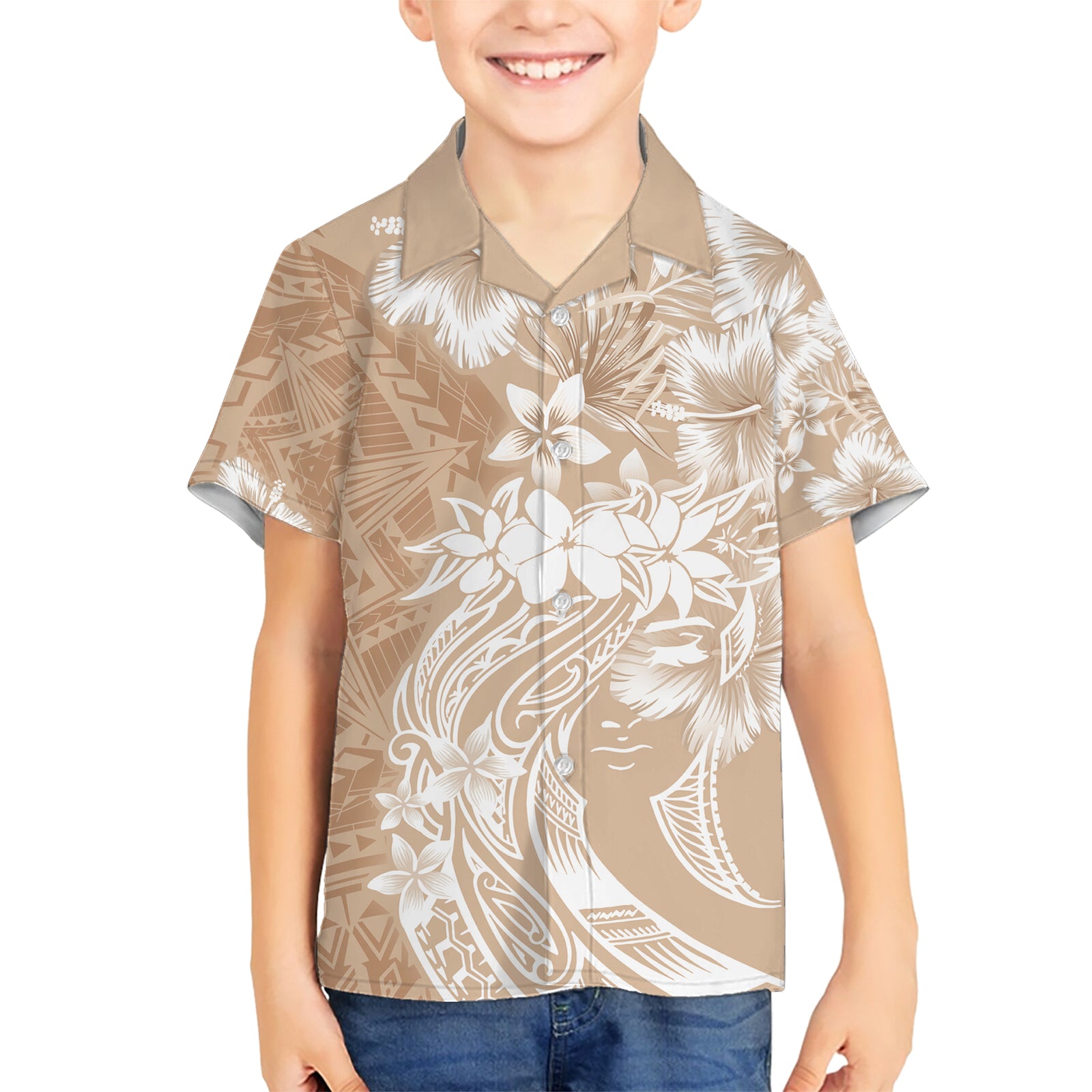 Polynesian Women's Day Kid Hawaiian Shirt Plumeria Passion - Beige LT7 Kid Beige - Polynesian Pride