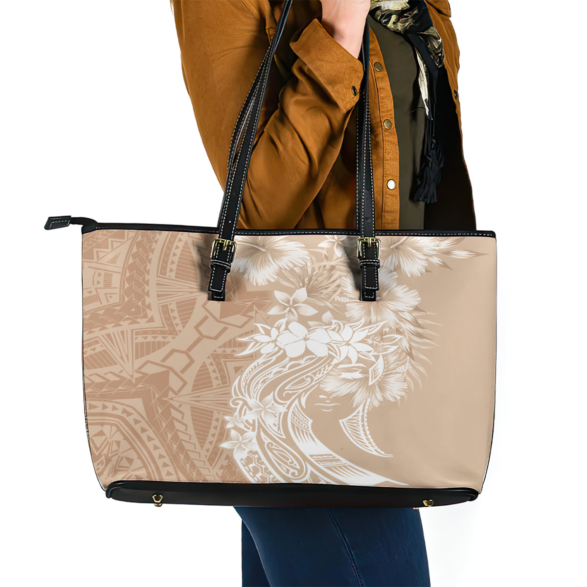 Polynesian Women's Day Leather Tote Bag Plumeria Passion - Beige LT7 - Polynesian Pride