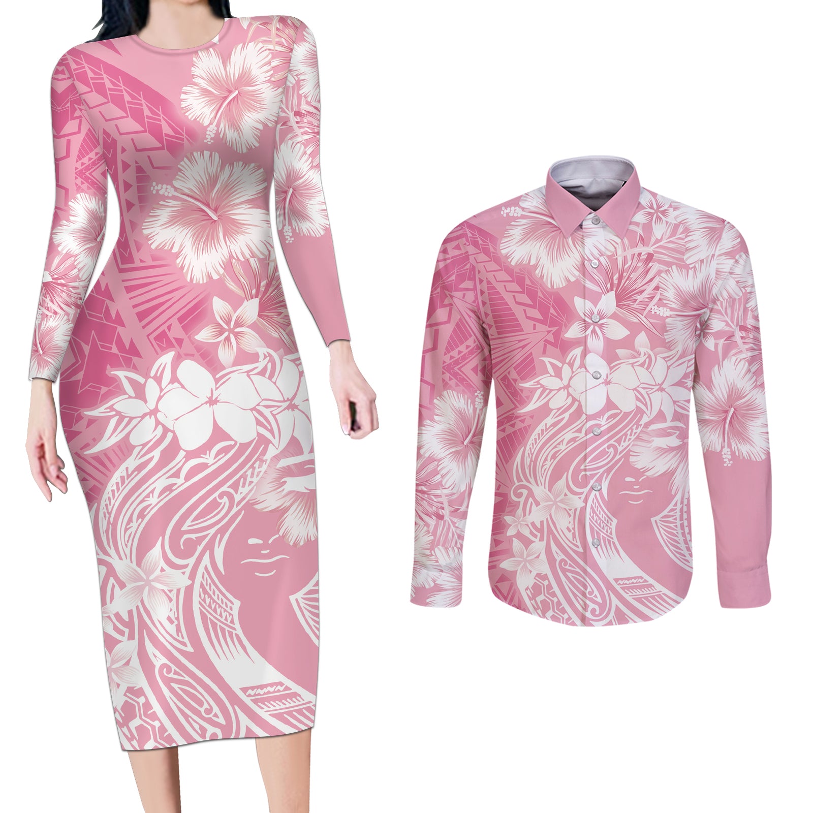 Polynesian Women's Day Couples Matching Long Sleeve Bodycon Dress and Long Sleeve Button Shirt Plumeria Passion - Pink LT7 Pink - Polynesian Pride