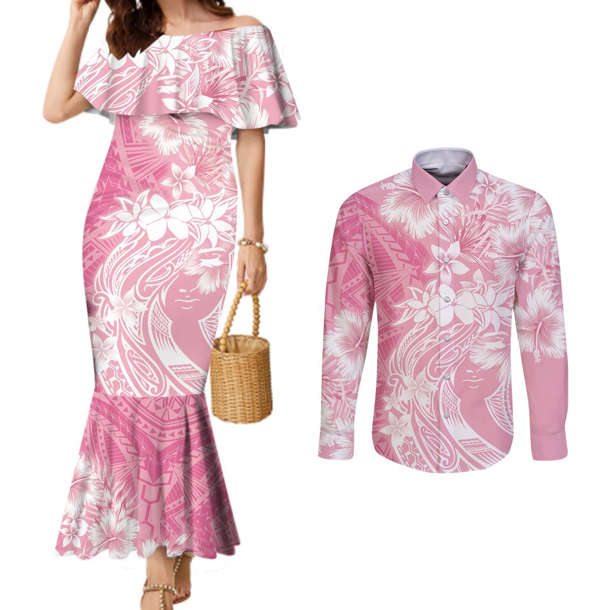 Polynesian Women's Day Couples Matching Mermaid Dress and Long Sleeve Button Shirt Plumeria Passion - Pink LT7 Pink - Polynesian Pride