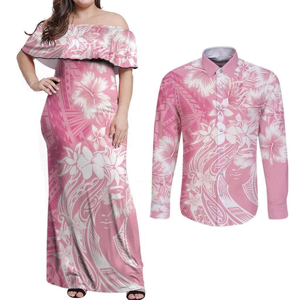 Polynesian Women's Day Couples Matching Off Shoulder Maxi Dress and Long Sleeve Button Shirt Plumeria Passion - Pink LT7 Pink - Polynesian Pride