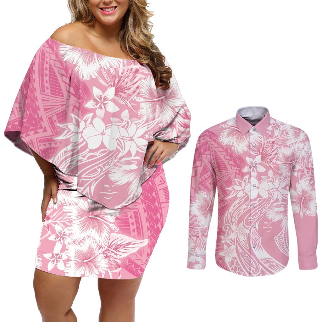 Polynesian Women's Day Couples Matching Off Shoulder Short Dress and Long Sleeve Button Shirt Plumeria Passion - Pink LT7 Pink - Polynesian Pride