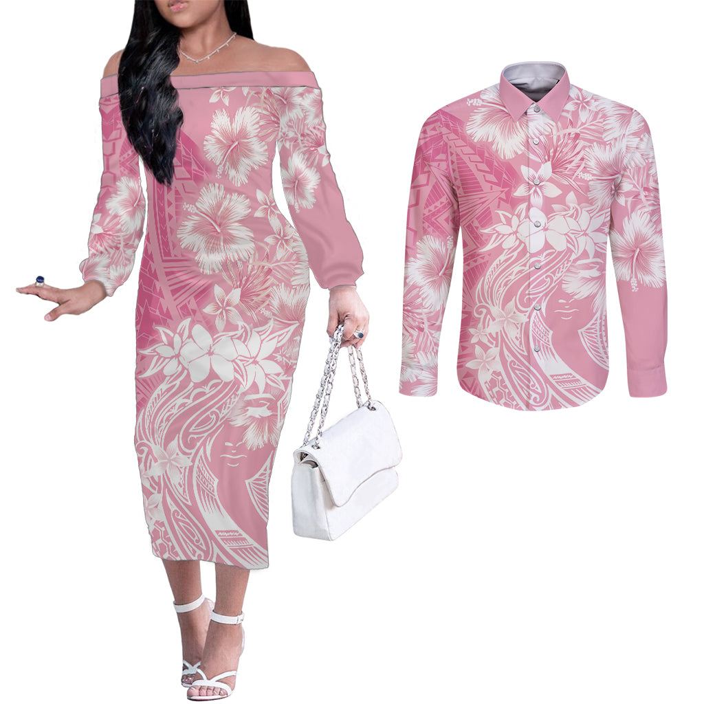 Polynesian Women's Day Couples Matching Off The Shoulder Long Sleeve Dress and Long Sleeve Button Shirt Plumeria Passion - Pink LT7 Pink - Polynesian Pride