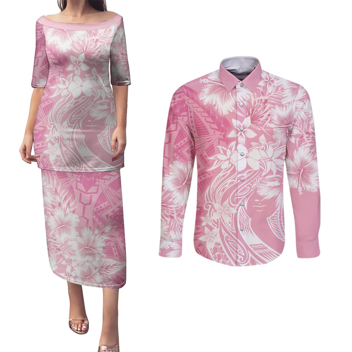 Polynesian Women's Day Couples Matching Puletasi and Long Sleeve Button Shirt Plumeria Passion - Pink LT7 Pink - Polynesian Pride
