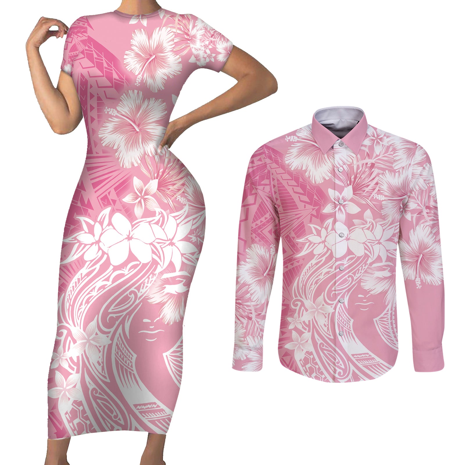Polynesian Women's Day Couples Matching Short Sleeve Bodycon Dress and Long Sleeve Button Shirt Plumeria Passion - Pink LT7 Pink - Polynesian Pride