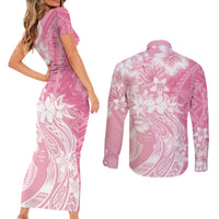 Polynesian Women's Day Couples Matching Short Sleeve Bodycon Dress and Long Sleeve Button Shirt Plumeria Passion - Pink LT7 - Polynesian Pride