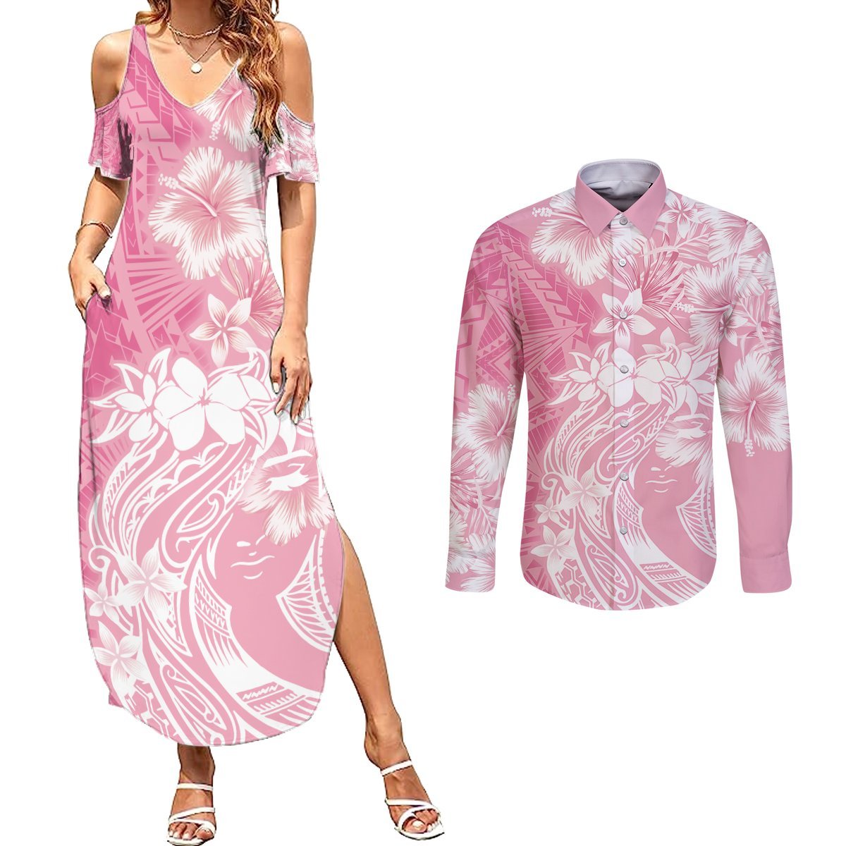 Polynesian Women's Day Couples Matching Summer Maxi Dress and Long Sleeve Button Shirt Plumeria Passion - Pink LT7 Pink - Polynesian Pride