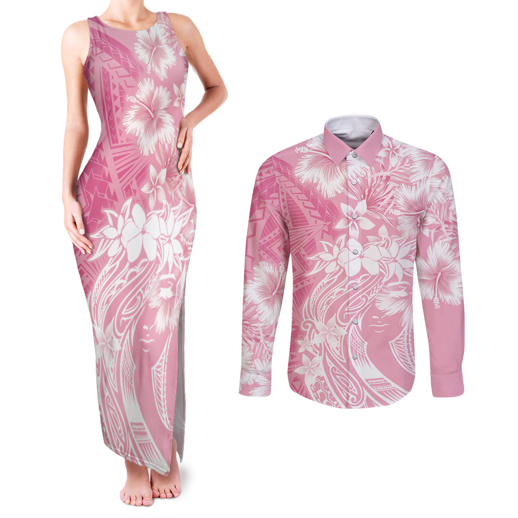 Polynesian Women's Day Couples Matching Tank Maxi Dress and Long Sleeve Button Shirt Plumeria Passion - Pink LT7 Pink - Polynesian Pride