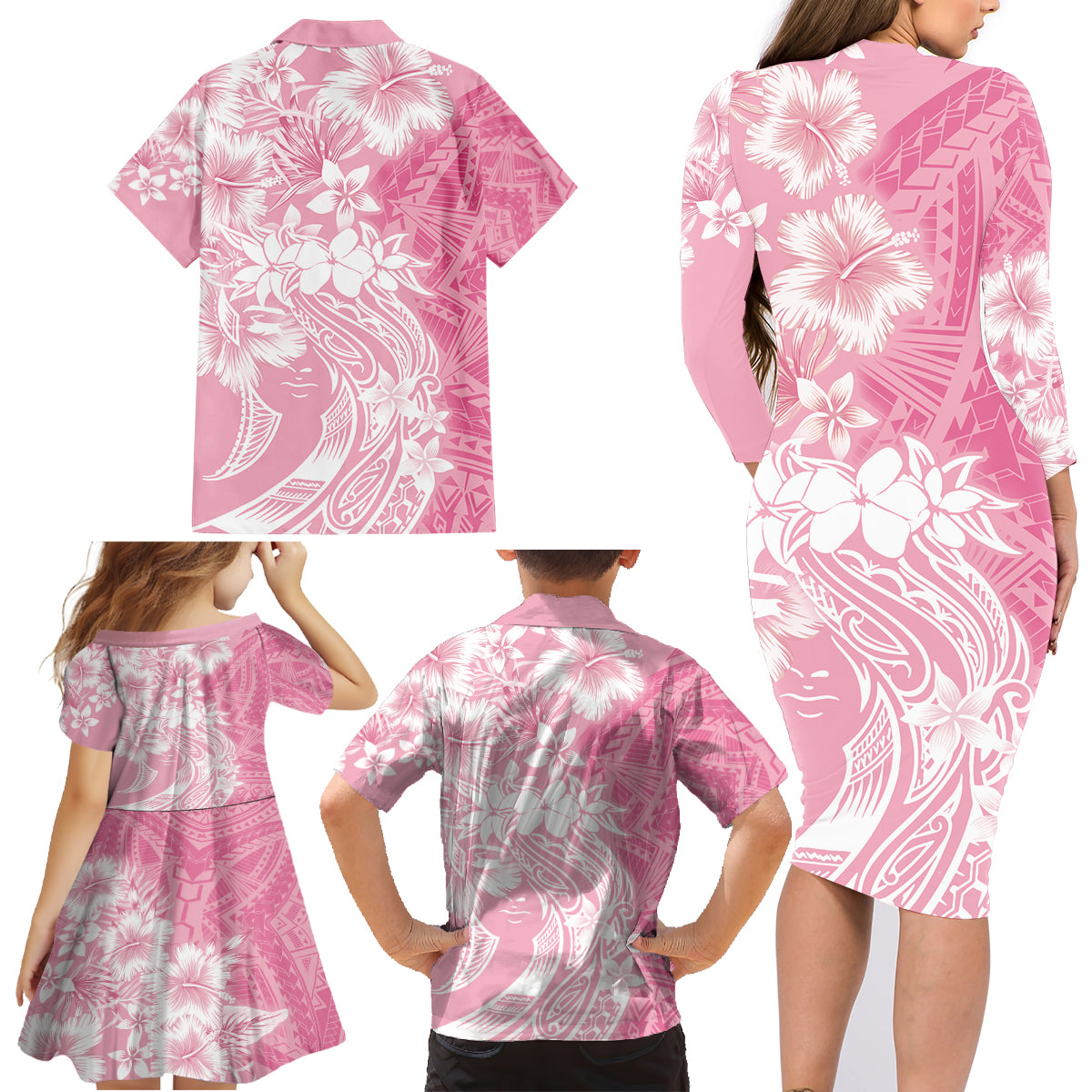 Polynesian Women's Day Family Matching Long Sleeve Bodycon Dress and Hawaiian Shirt Plumeria Passion - Pink LT7 - Polynesian Pride
