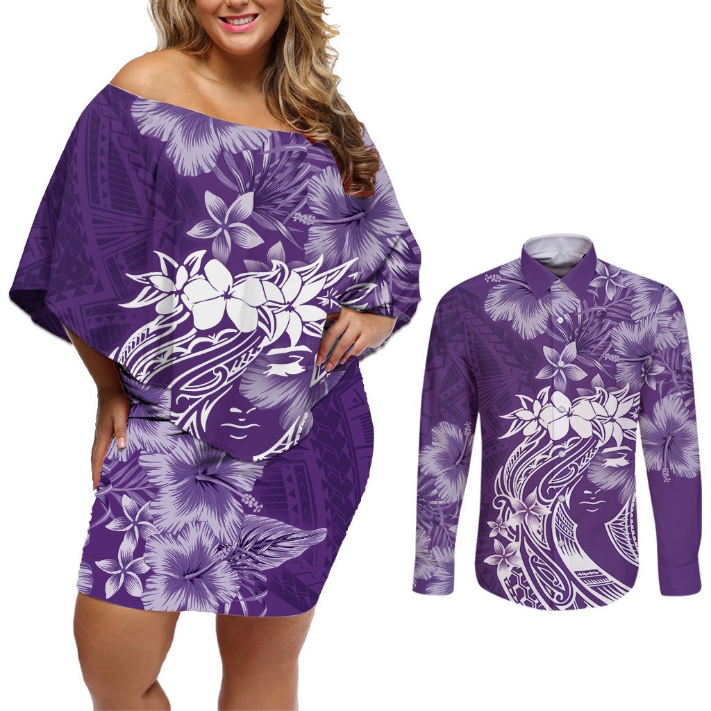 Polynesian Women's Day Couples Matching Off Shoulder Short Dress and Long Sleeve Button Shirt Plumeria Passion - Purple LT7 Purple - Polynesian Pride