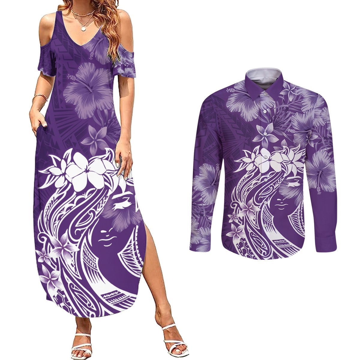 Polynesian Women's Day Couples Matching Summer Maxi Dress and Long Sleeve Button Shirt Plumeria Passion - Purple LT7 Purple - Polynesian Pride