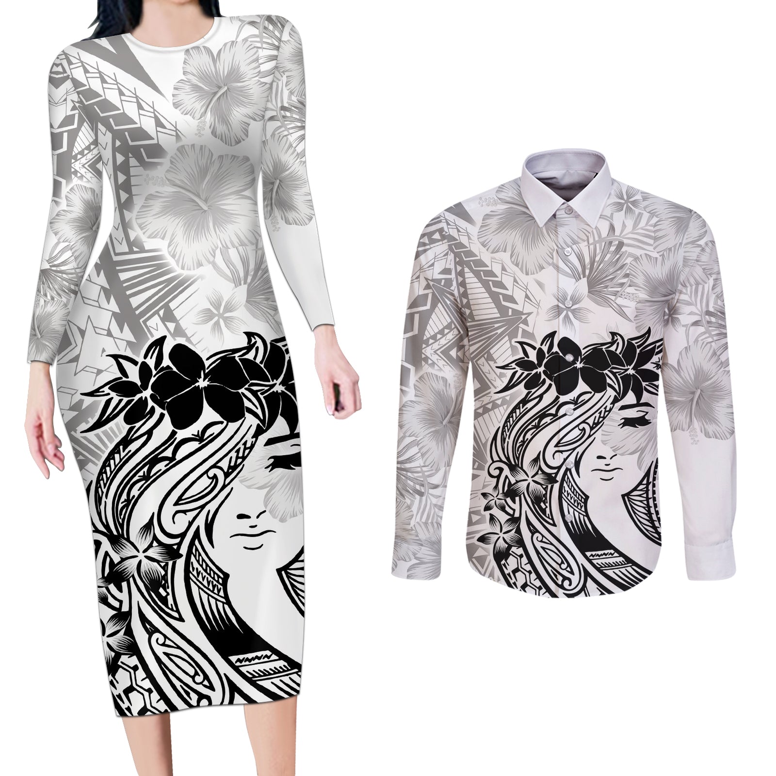 Polynesian Women's Day Couples Matching Long Sleeve Bodycon Dress and Long Sleeve Button Shirt Plumeria Passion - White LT7 White - Polynesian Pride