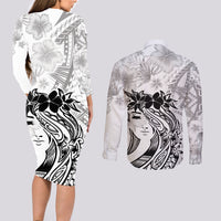 Polynesian Women's Day Couples Matching Long Sleeve Bodycon Dress and Long Sleeve Button Shirt Plumeria Passion - White LT7 - Polynesian Pride