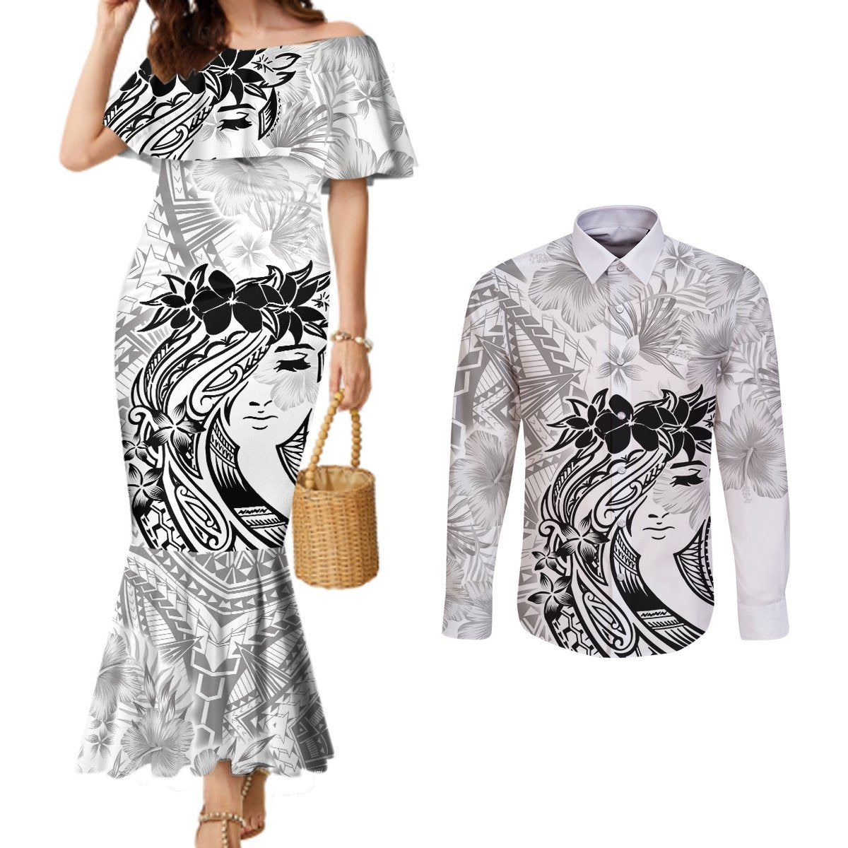 Polynesian Women's Day Couples Matching Mermaid Dress and Long Sleeve Button Shirt Plumeria Passion - White LT7 White - Polynesian Pride