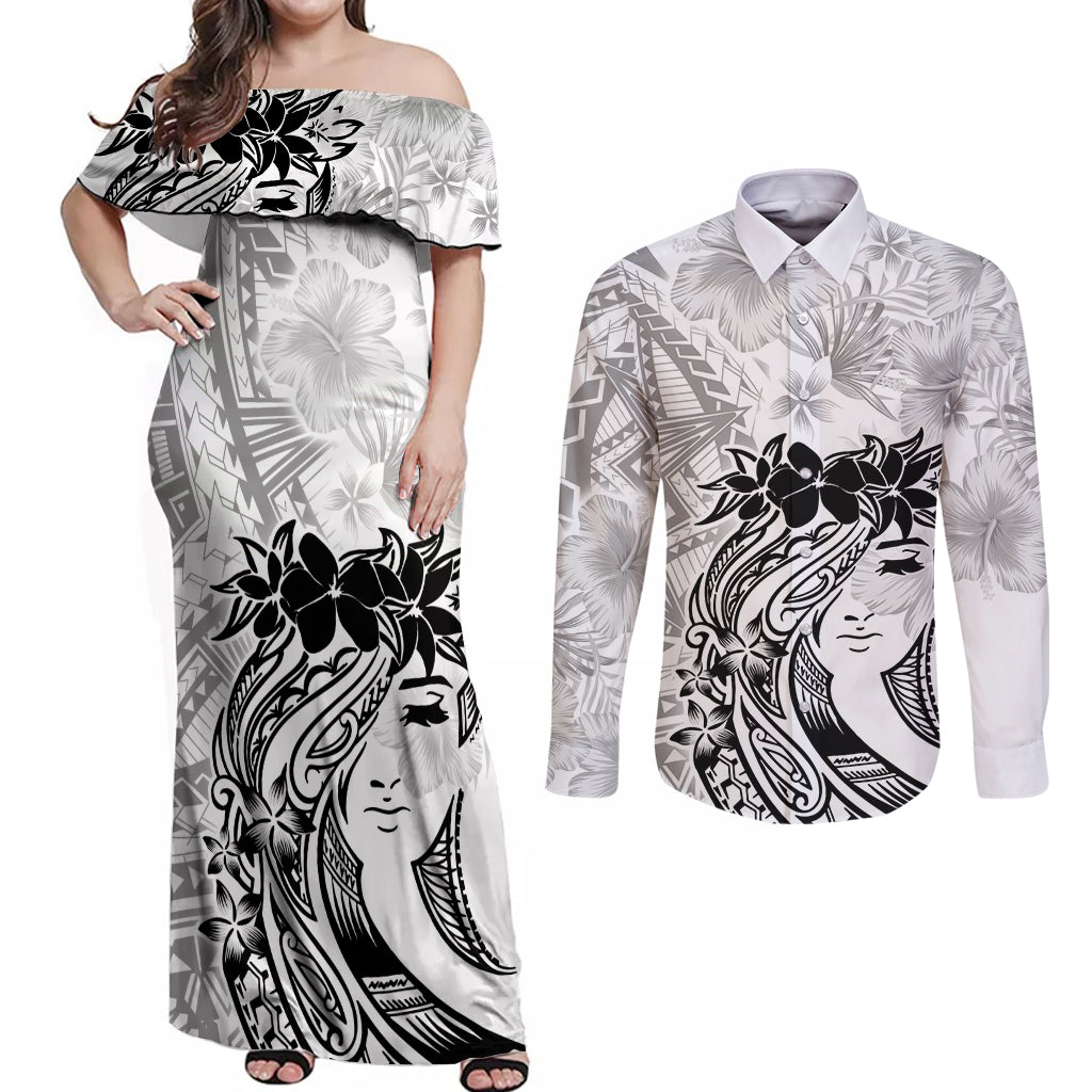 Polynesian Women's Day Couples Matching Off Shoulder Maxi Dress and Long Sleeve Button Shirt Plumeria Passion - White LT7 White - Polynesian Pride