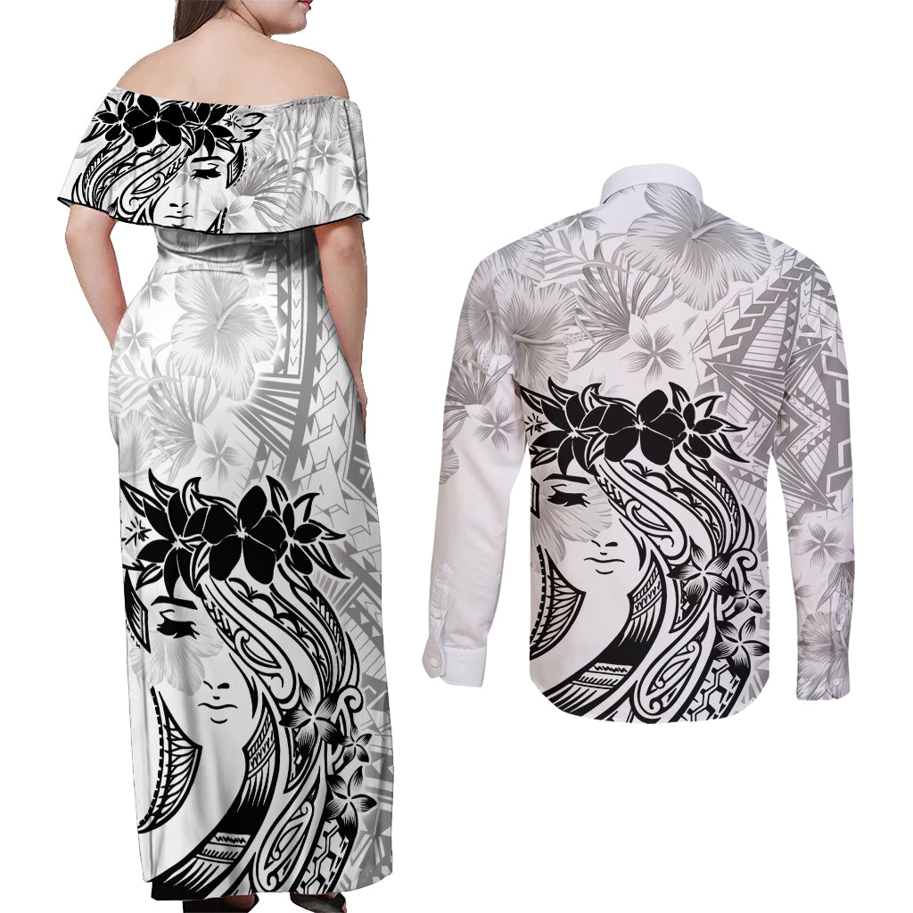 Polynesian Women's Day Couples Matching Off Shoulder Maxi Dress and Long Sleeve Button Shirt Plumeria Passion - White LT7 - Polynesian Pride