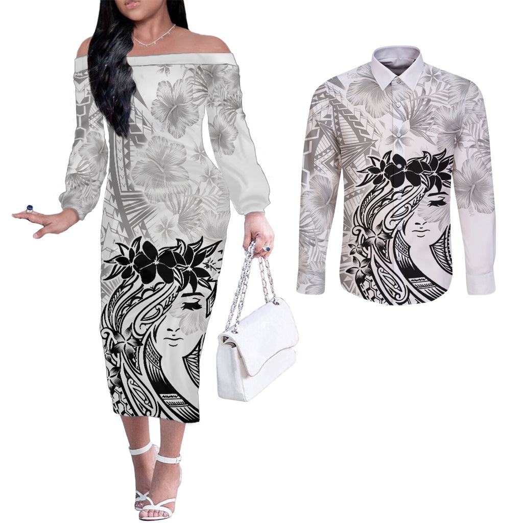 Polynesian Women's Day Couples Matching Off The Shoulder Long Sleeve Dress and Long Sleeve Button Shirt Plumeria Passion - White LT7 White - Polynesian Pride