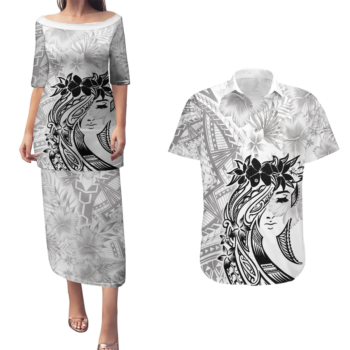 Polynesian Women's Day Couples Matching Puletasi and Hawaiian Shirt Plumeria Passion - White LT7 White - Polynesian Pride