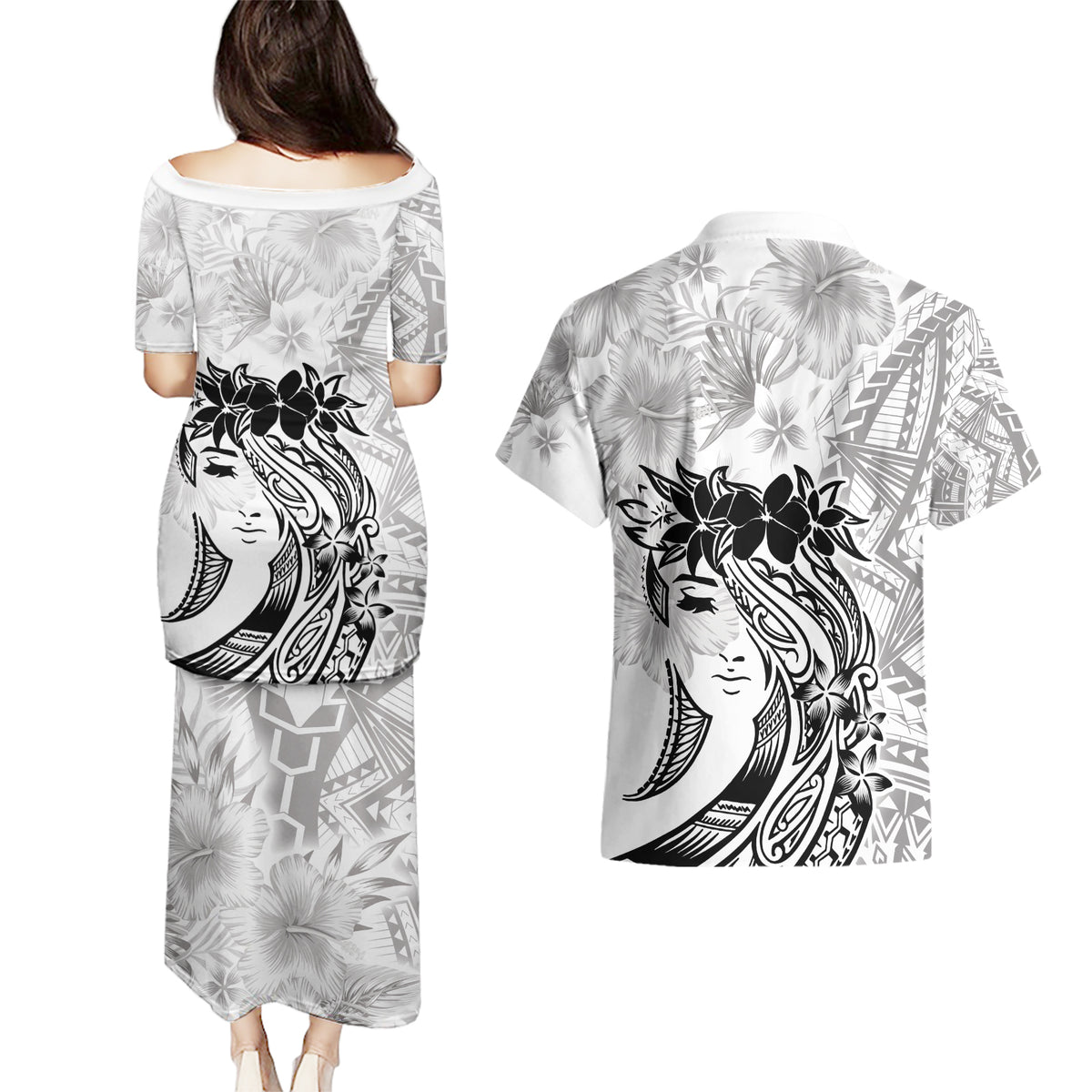 Polynesian Women's Day Couples Matching Puletasi and Hawaiian Shirt Plumeria Passion - White LT7 - Polynesian Pride