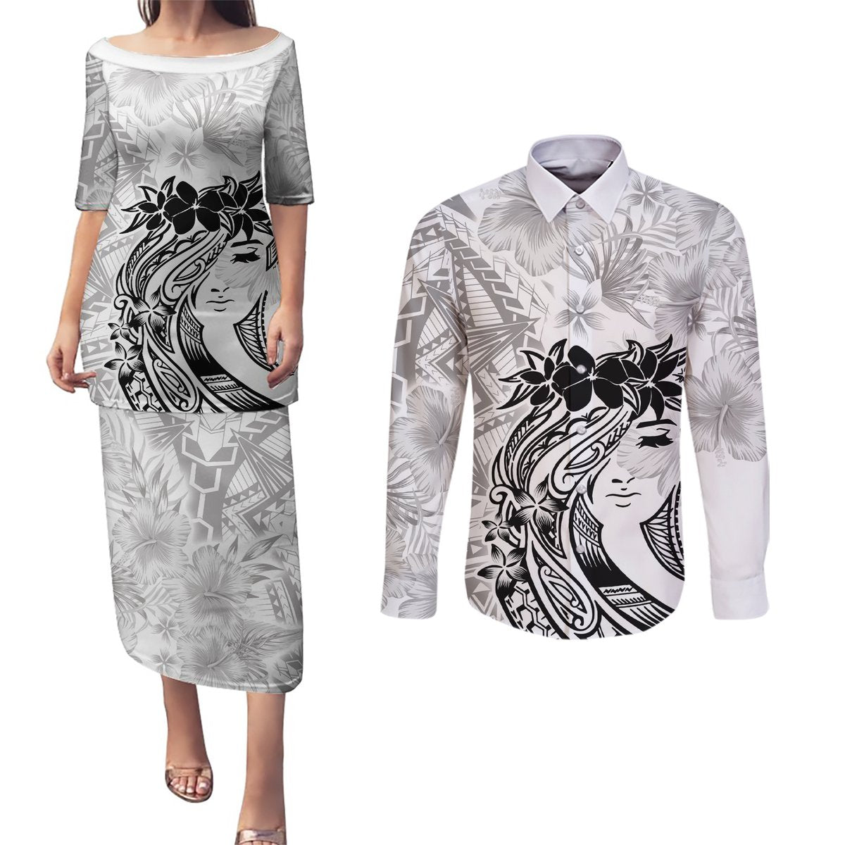 Polynesian Women's Day Couples Matching Puletasi and Long Sleeve Button Shirt Plumeria Passion - White LT7 White - Polynesian Pride