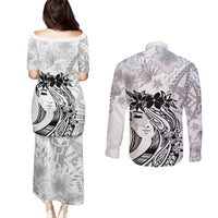 Polynesian Women's Day Couples Matching Puletasi and Long Sleeve Button Shirt Plumeria Passion - White LT7 - Polynesian Pride