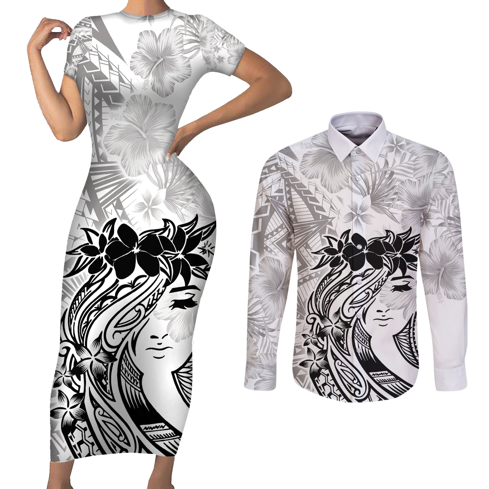 Polynesian Women's Day Couples Matching Short Sleeve Bodycon Dress and Long Sleeve Button Shirt Plumeria Passion - White LT7 White - Polynesian Pride