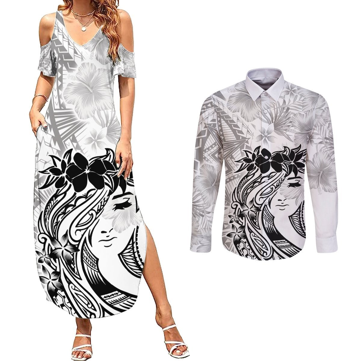 Polynesian Women's Day Couples Matching Summer Maxi Dress and Long Sleeve Button Shirt Plumeria Passion - White LT7 White - Polynesian Pride