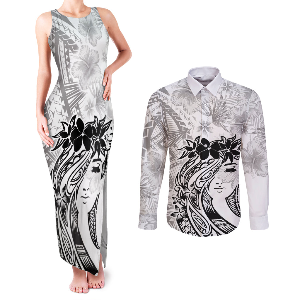 Polynesian Women's Day Couples Matching Tank Maxi Dress and Long Sleeve Button Shirt Plumeria Passion - White LT7 White - Polynesian Pride